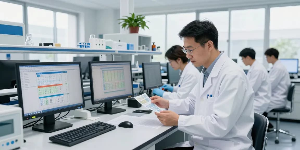 Team analyzing product samples and quality metrics to ensure Qualitätsstandards einsehen in a modern laboratory.