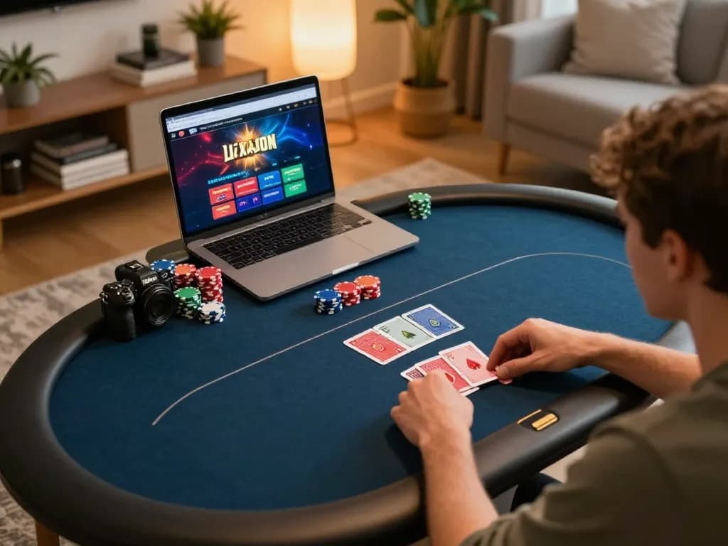 Player strategizing in an online poker game on sites not on Gamstop, showcasing vibrant game interface and ambiance.