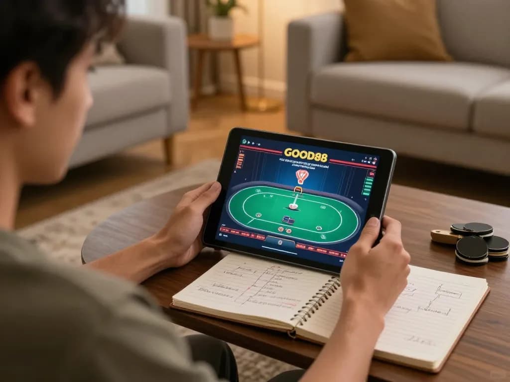 Playing poker online with GOOD88 on tablet in a cozy home environment.