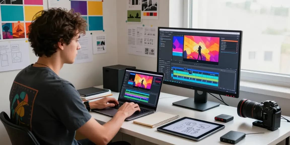 Creative video editing and animation course in an inspiring studio with vibrant projects displayed on screens and walls.
