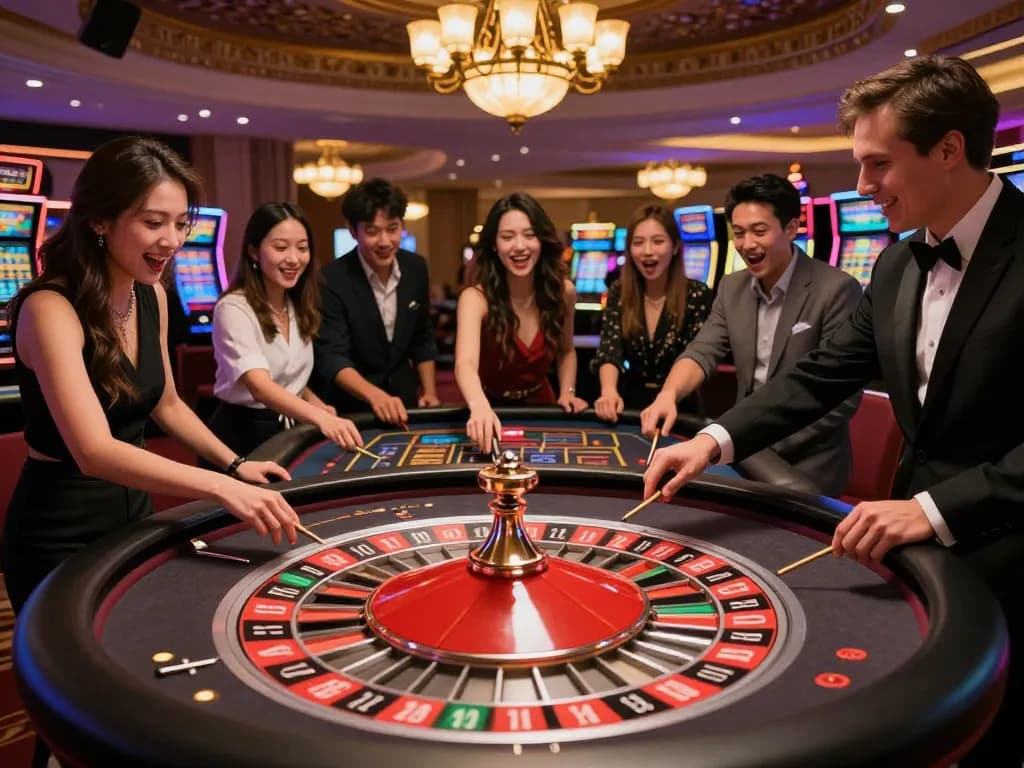 Players at a roulette table in an upscale casino, creating thrilling bets at da88.