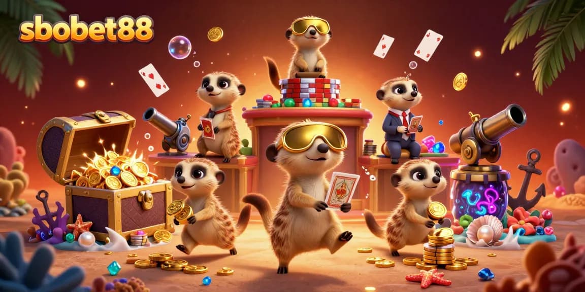 Engaging sbobet88 casino scene with meerkats winning chips amid vibrant underwater treasures.