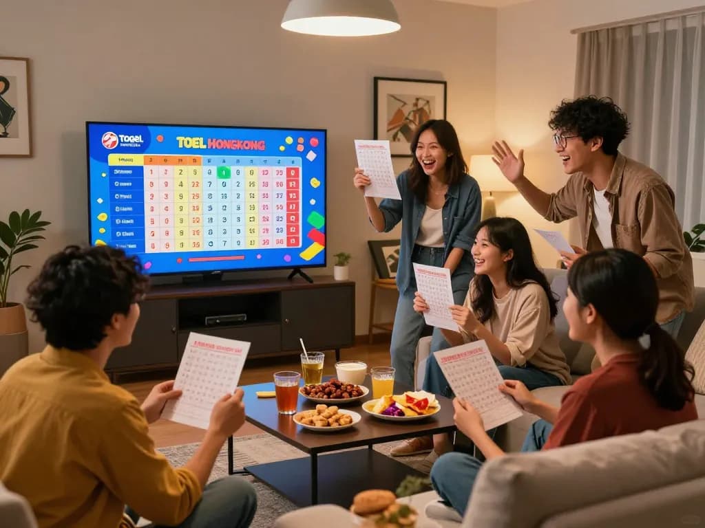 Group of friends celebrating Togel Hongkong lottery results while viewing Data HK live updates on a large screen.