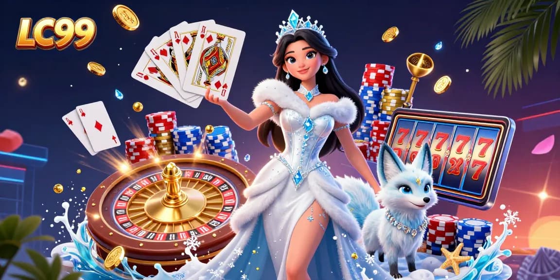 Win big with LC99 in a vibrant, action-packed 3D casino illustration filled with treasures.