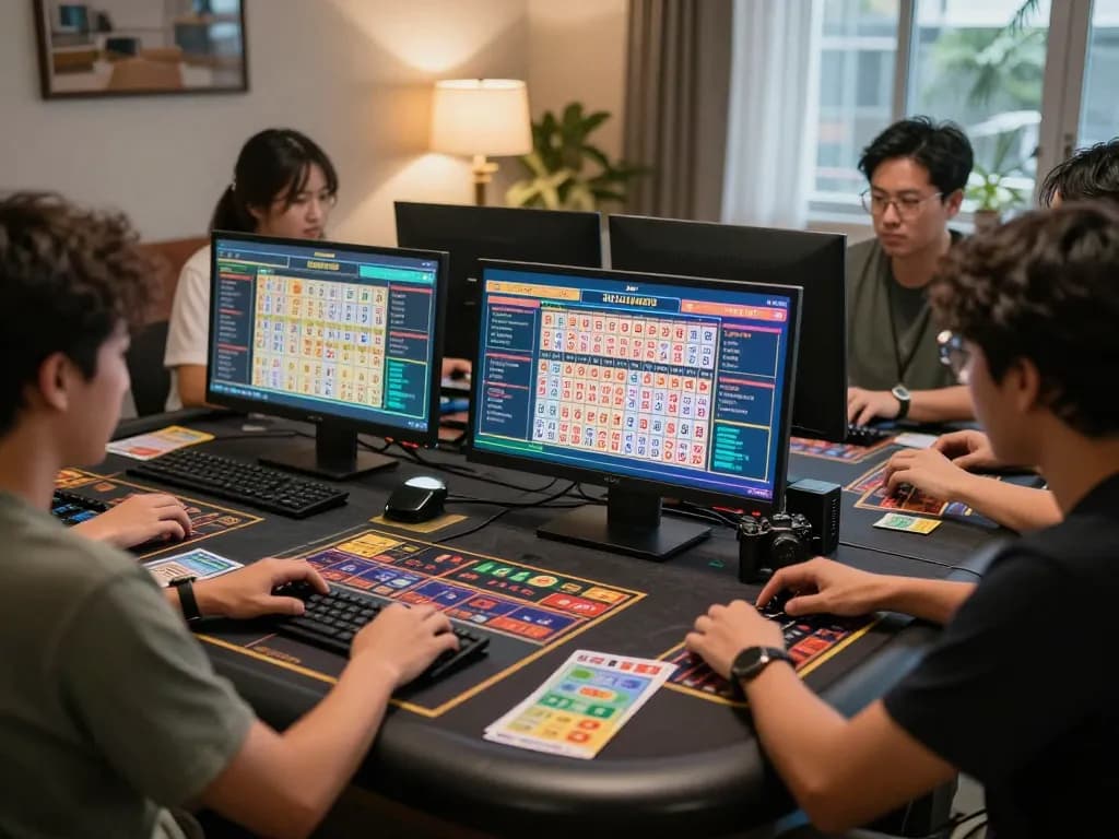 Engaged players eagerly checking Data HK results at home with lottery tickets.