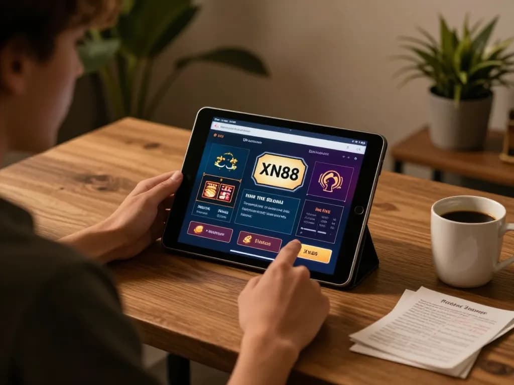 XN88 online gaming experience with a focused player using a tablet for casino games, showcasing a modern and cozy setup.