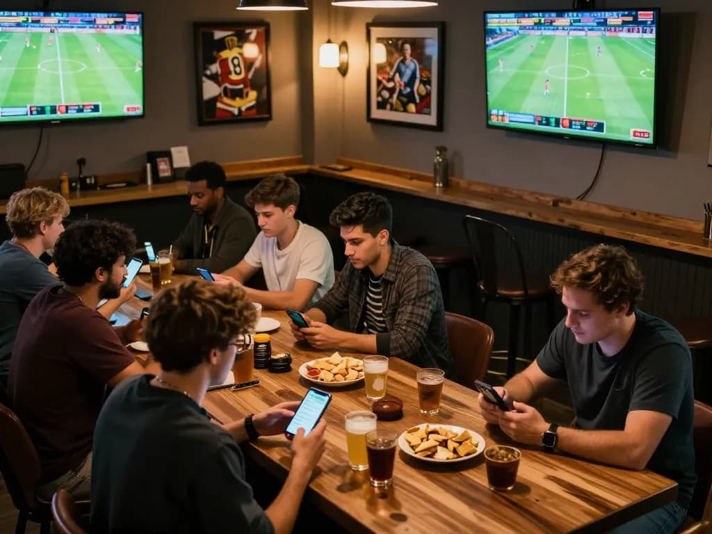 Bongdalu users engaging in live sports betting while watching games at a lively bar