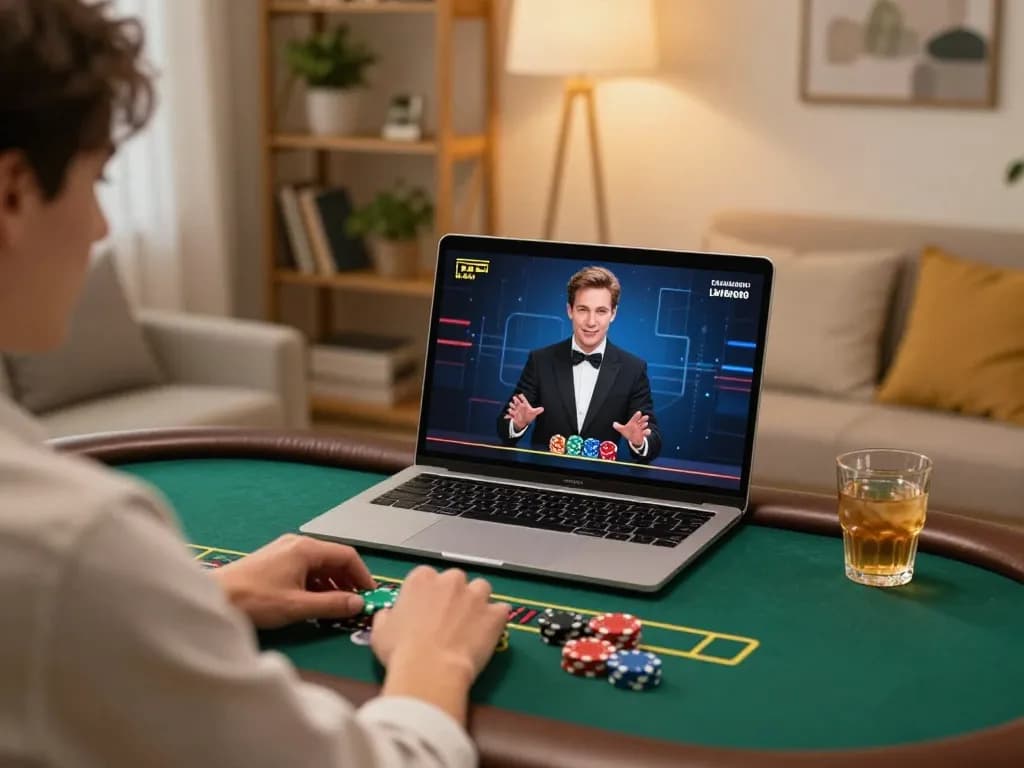 Kuwin online player enjoying live blackjack in a cozy home setting with modern decor.