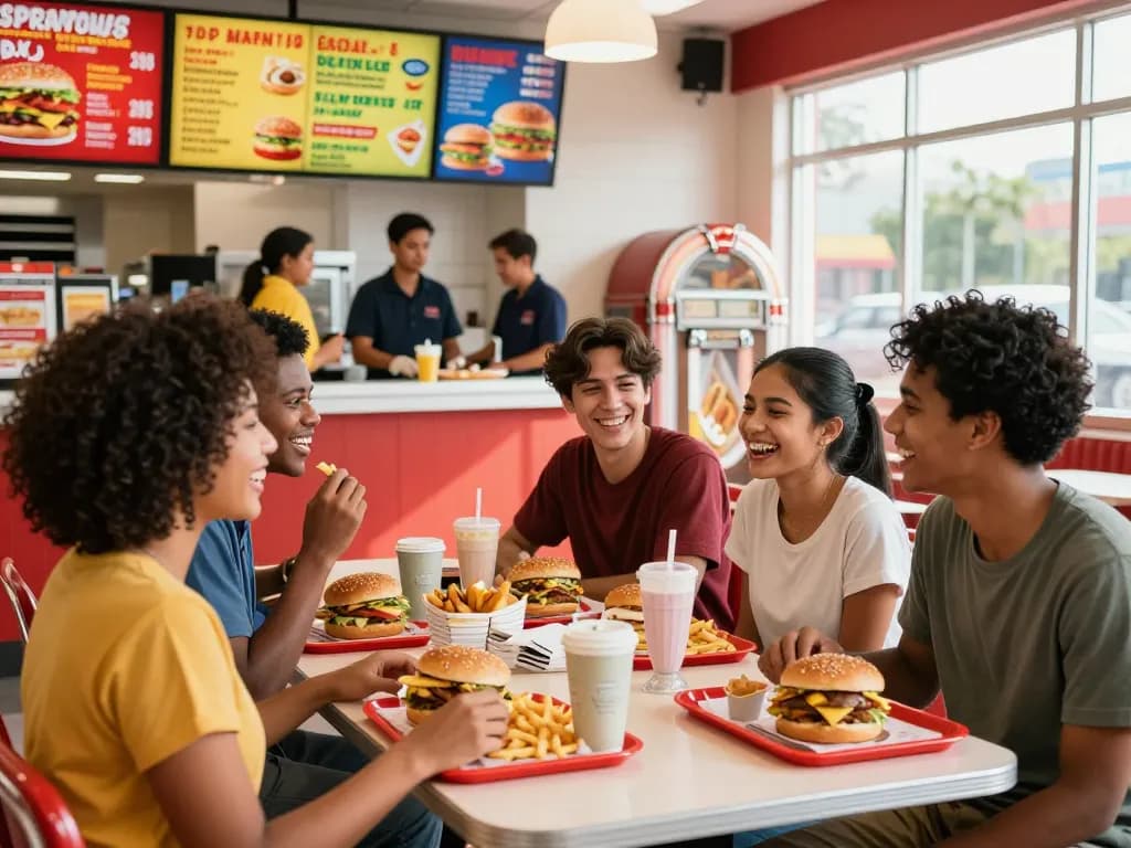 Friends enjoying fast food prices in a lively restaurant setting