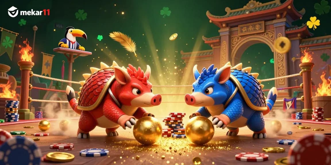 Mekar11 showcases rival pangolins bowling into poker chips in an exciting casino atmosphere.