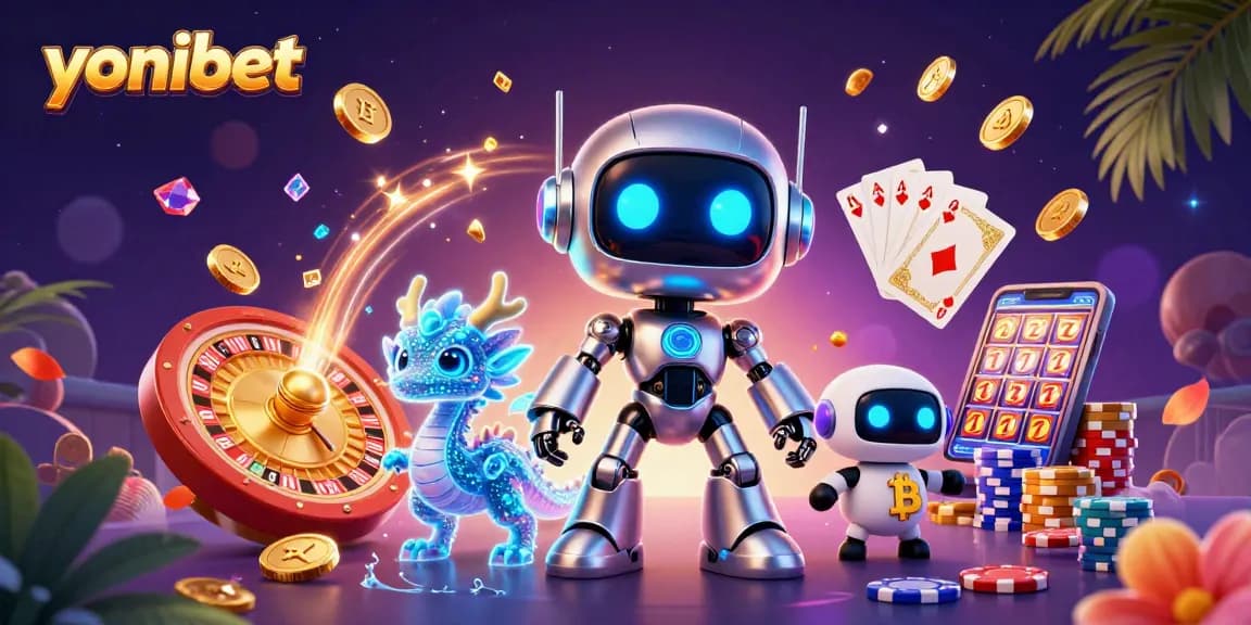Experience the exciting world of yonibet with vibrant casino elements featuring a futuristic robot and holographic companions.