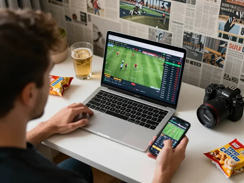 Engaging in sports betting on mobile app while tracking debet odds at home desk, cozy atmosphere with drinks and sports decor