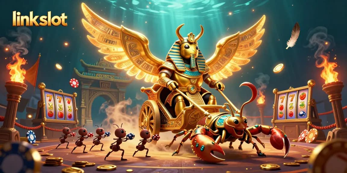 Experience the excitement of link slot games with dynamic characters and rich casino elements in a vibrant illustration.