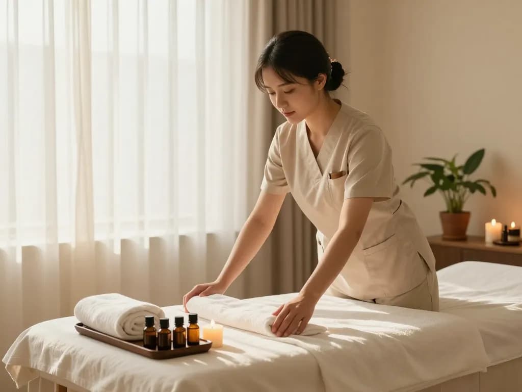 Experience top-quality 부평출장마사지 in a tranquil setting with a skilled therapist preparing for a relaxing session.