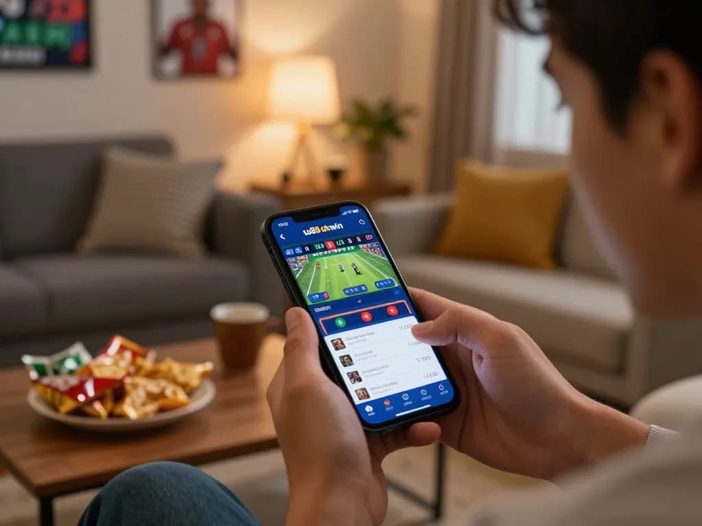 Player engaging with uu88 okwin app for live sports betting in a cozy home setting