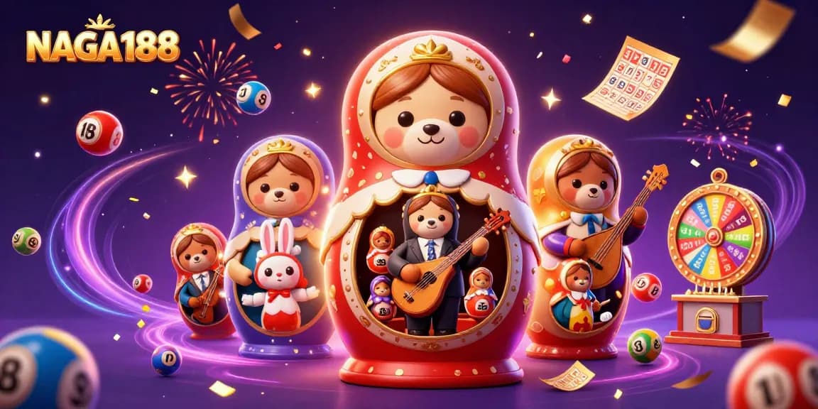NAGA188 menghadirkan momen kasino seru dengan karakter beruang Matryoshka dan elemen judi interaktif.