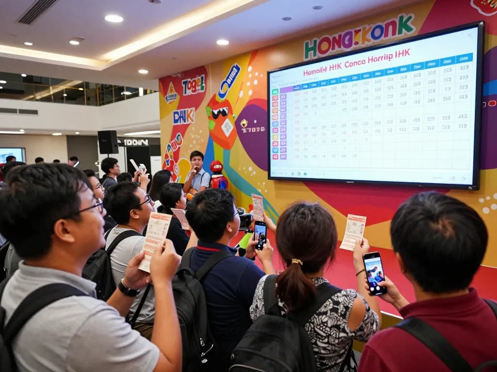 Excited lottery players watching live Data HK results during a Togel Hongkong draw.