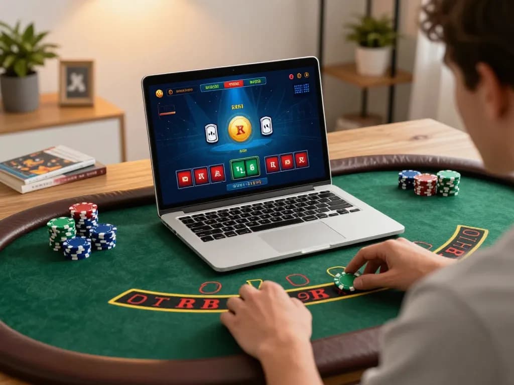 vin88 player enjoying blackjack on laptop with stylish decor and warm lighting