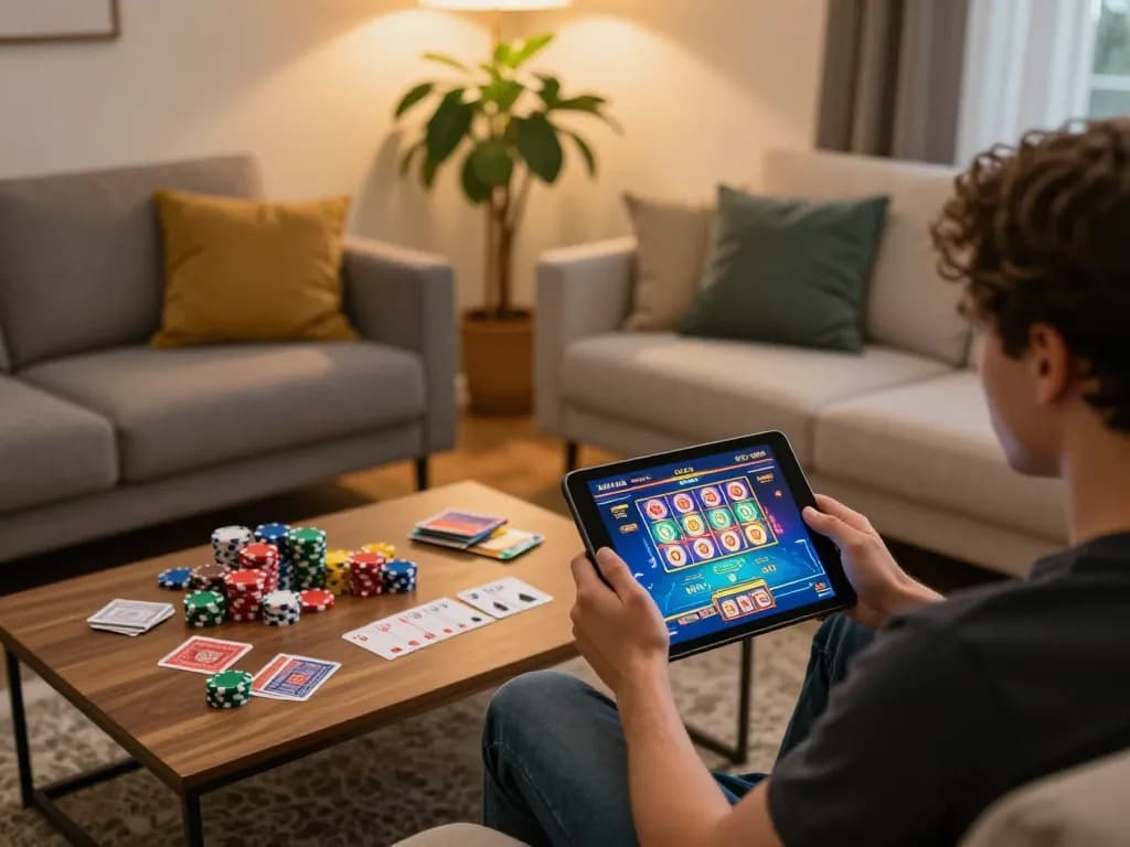 Player using TG88 tablet for casino gaming at home with vibrant graphics and cozy atmosphere