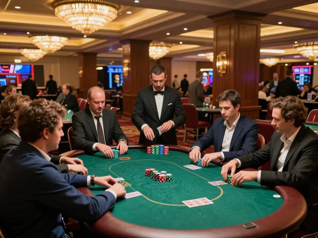 Engaged players strategizing at a superjp poker table in a lavish casino