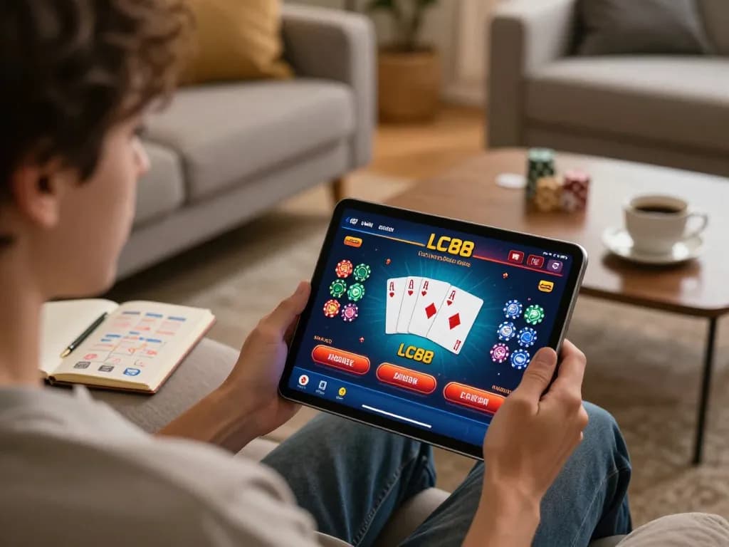 Engaging online gambling with LC88 casino platform on tablet, showcasing strategy home setup.