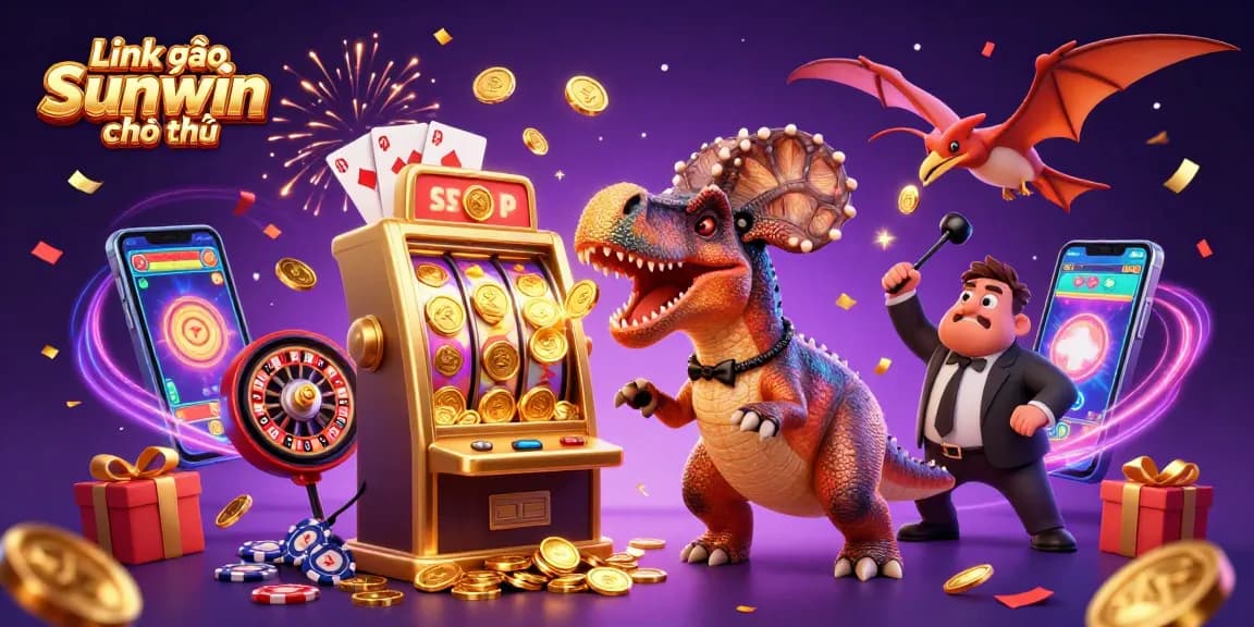 Link vào Sunwin chính thức showcases a 3D cartoon scene of a dinosaur headbutting a slot machine, capturing thrilling jackpot moments.