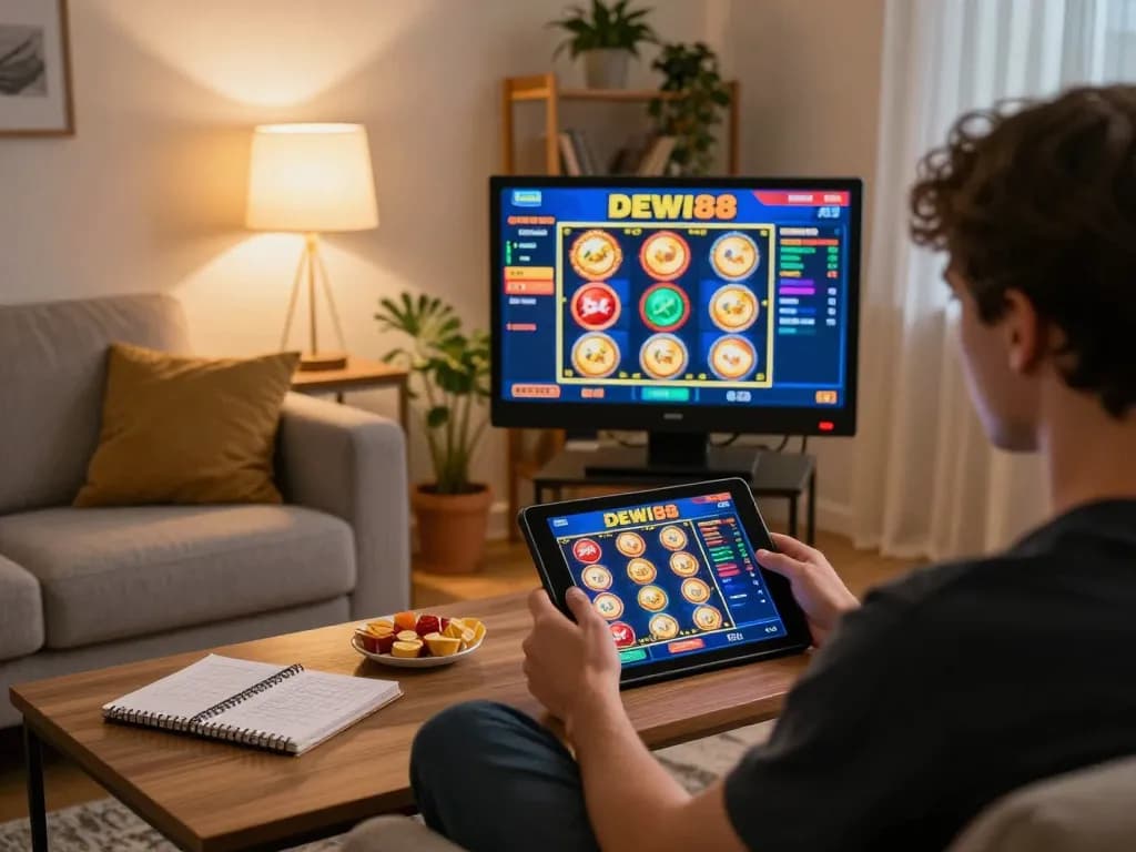 Pemain menikmati slot online DEWI88 di tablet dalam pengaturan permainan di rumah yang nyaman.