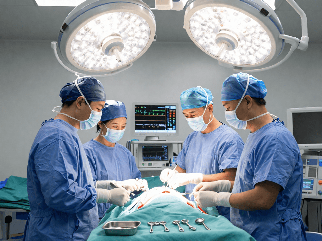Bel kayması ameliyatı with surgical team preparing in a sterile operating room.