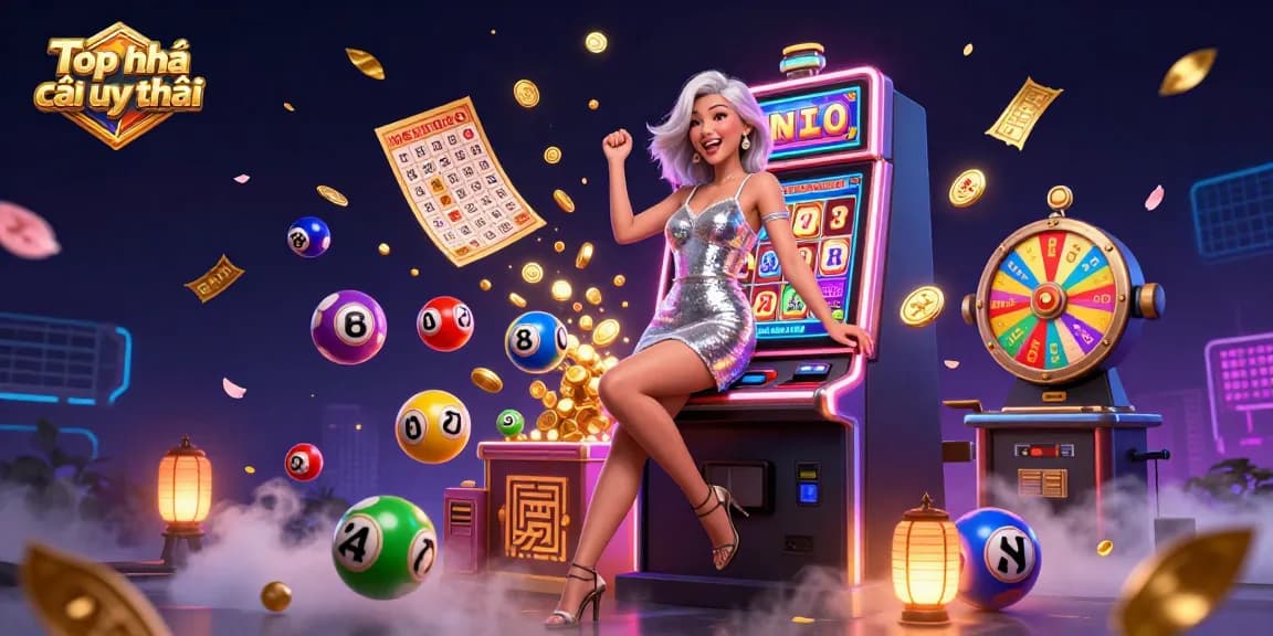 Experience the excitement at Top nhà cái uy tín with a stunning Asian woman celebrating a jackpot win amidst vibrant casino elements.