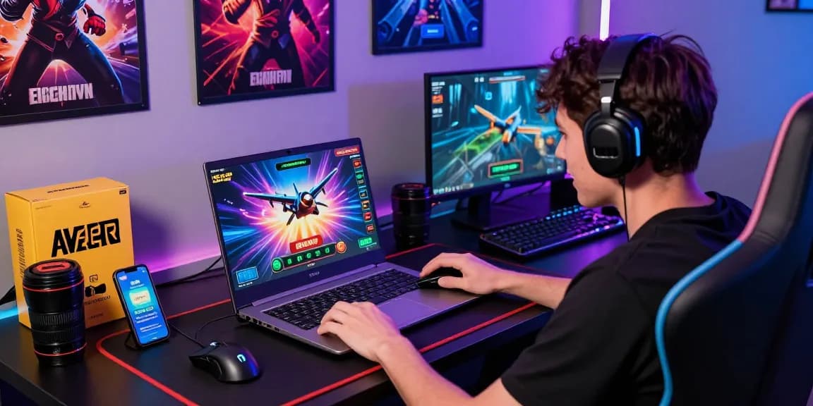 Aviator Betway online gaming setup showcasing a player cashing out before the plane crashes, emphasizing excitement in the gaming atmosphere.