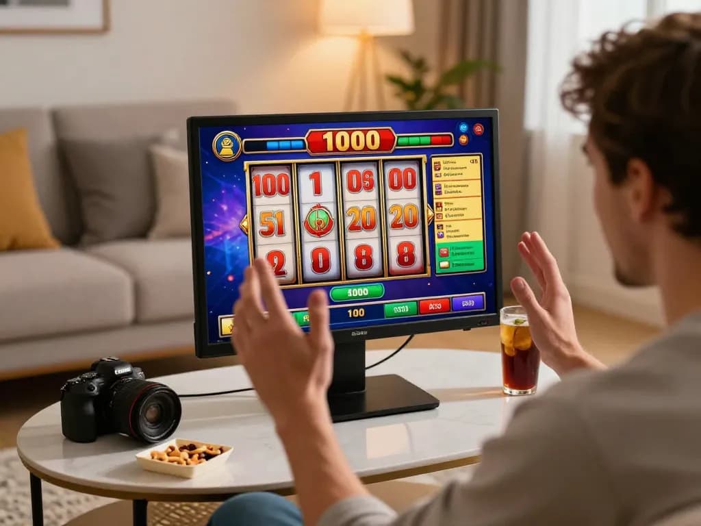 Player celebrating a win on a slot deposit 1000 game, showcasing mobile device and joyful expression in cozy home setting.