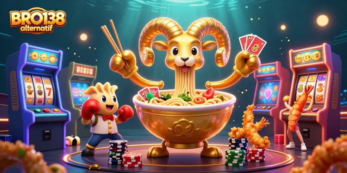 Experience thrill with BRO138 alternatif's vibrant casino illustration featuring dynamic characters and engaging gameplay elements.