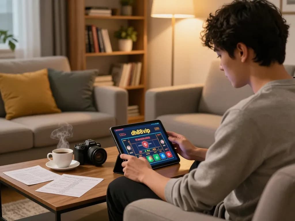 User engaging with dh88vip online casino app on a tablet, showcasing cozy home gaming setup.