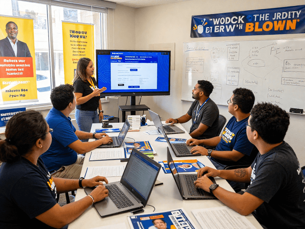 Engaged campaign team discussing online donation page for campaign with laptops and vibrant banners.