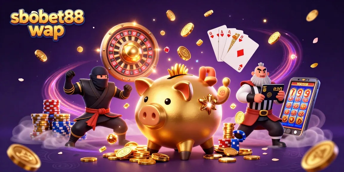 Bet on sbobet88 wap with a dynamic illustration showcasing a playful golden piggy bank and casino elements.