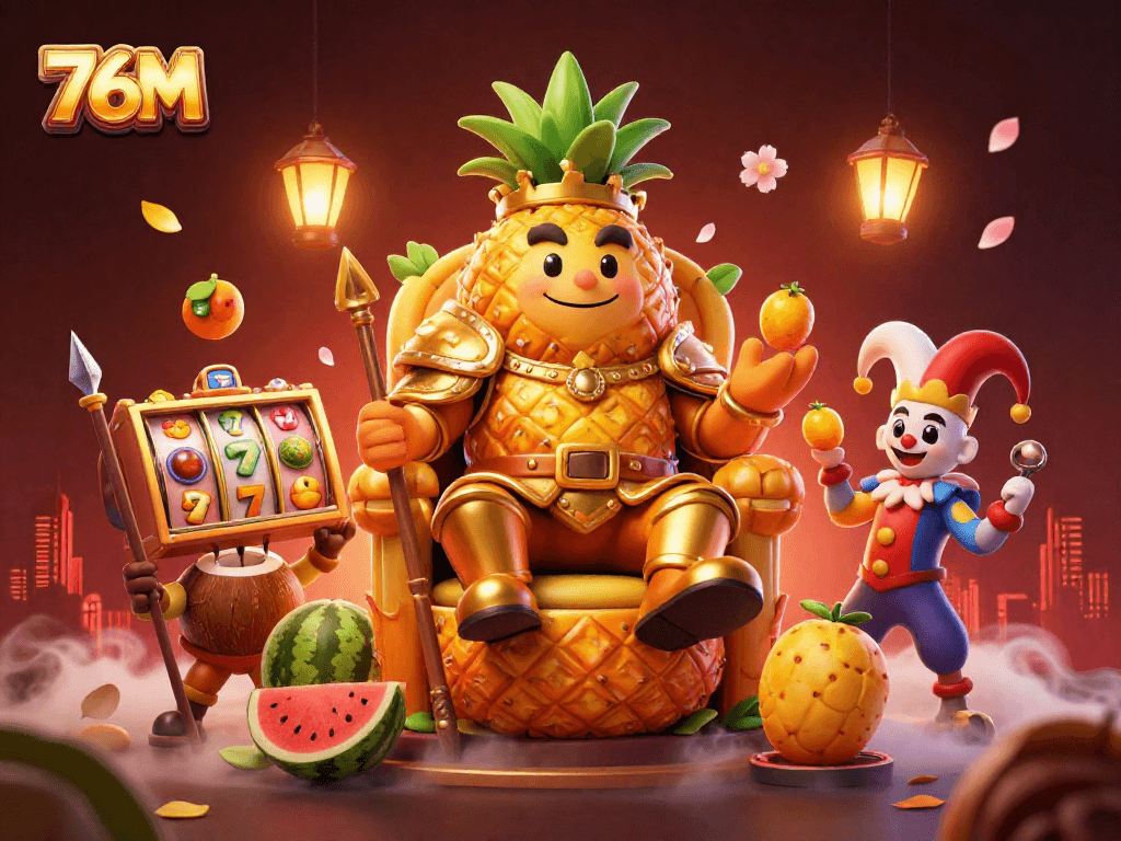 Imagem ilustrativa de um cassino com o Rei Abacaxi 76M reinando, cercado por personagens divertidos e elementos de sorte.