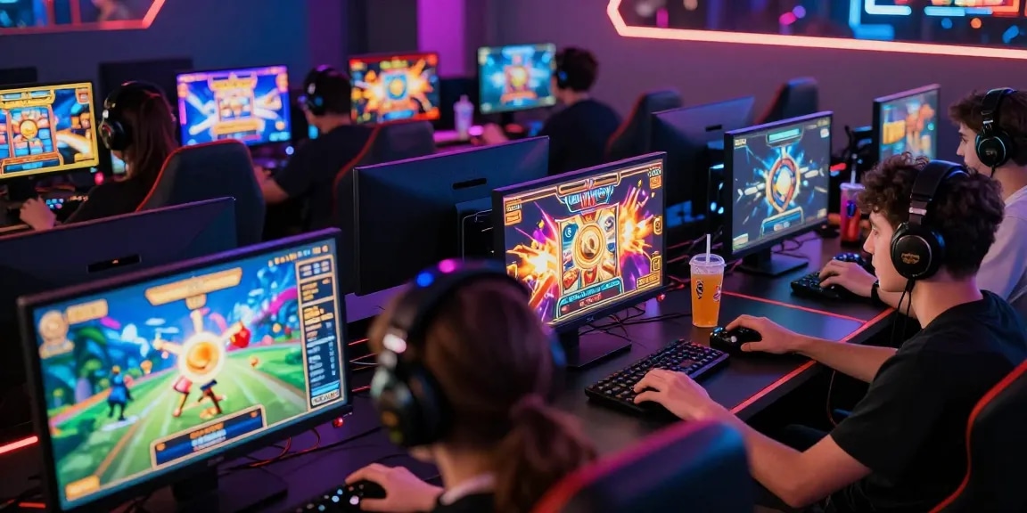 Group of players enjoying slot depo 1000 games with vibrant graphics in a lively gaming room.