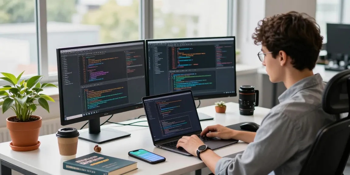 Developer coding at their desk, representing 纸飞机官网 in a modern tech workspace.