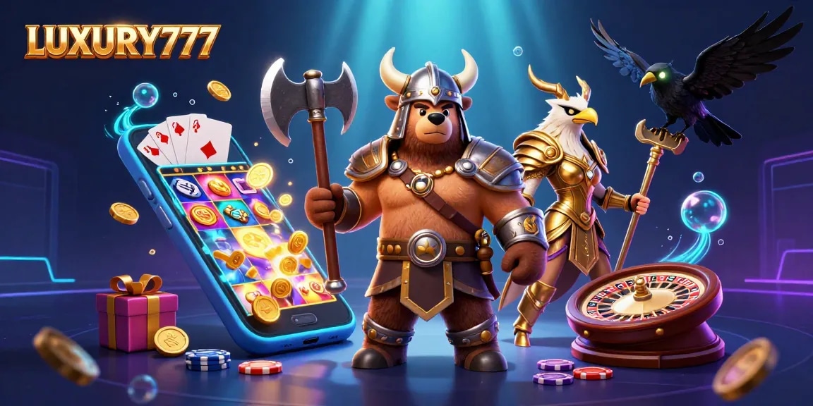Permainan menawan LUXURY777 dengan beruang Viking dan elang Valkyrie di dunia slot interaktif.