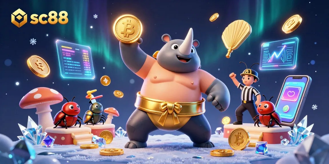Experience thrilling gameplay at sc88 with dynamic 3D visuals of a sumo beetle champion amidst glowing crypto elements.