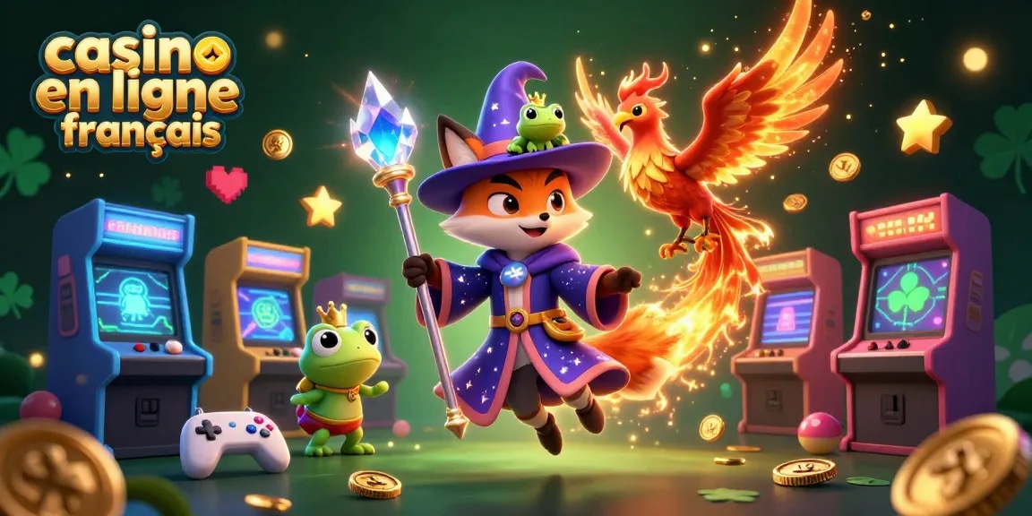 Explorez le casino en ligne français avec une scène dynamique remplie de magie et d'éléments ludiques.
