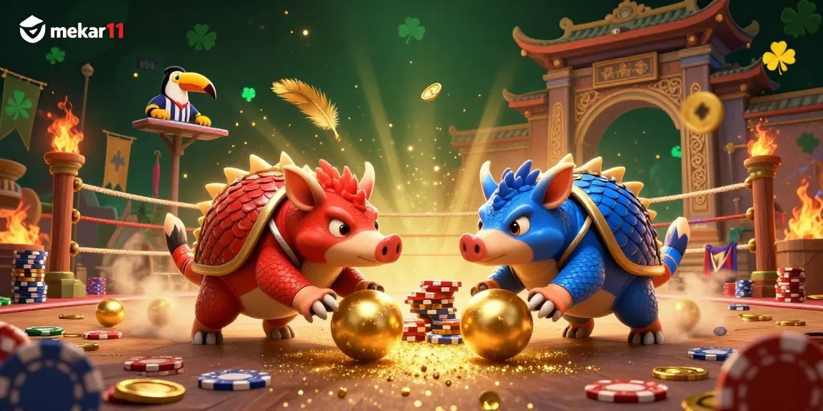 Mekar11 showcases rival pangolins bowling into poker chips in an exciting casino atmosphere.