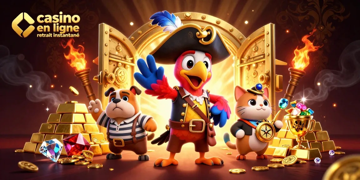 Actionner au casino en ligne retrait instantané en explorant de l'or et des joyaux avec des personnages animés.