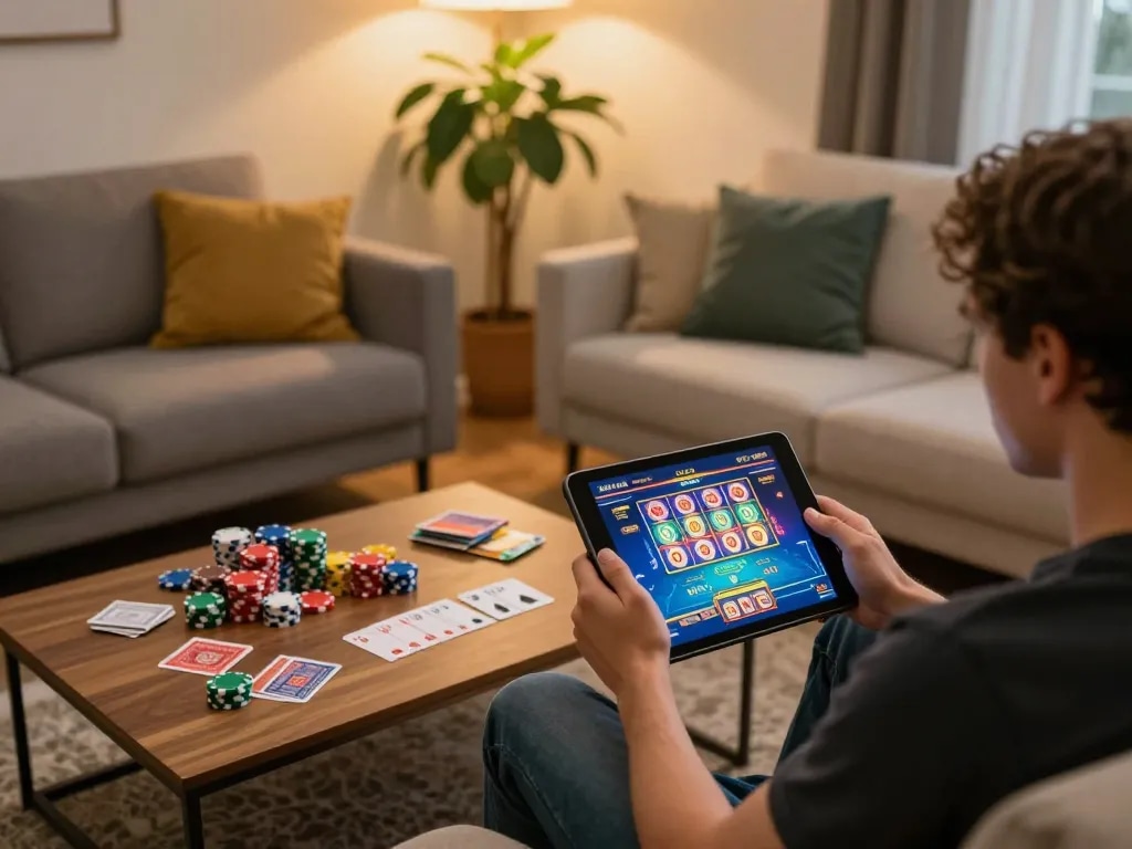 Player using TG88 tablet for casino gaming at home with vibrant graphics and cozy atmosphere