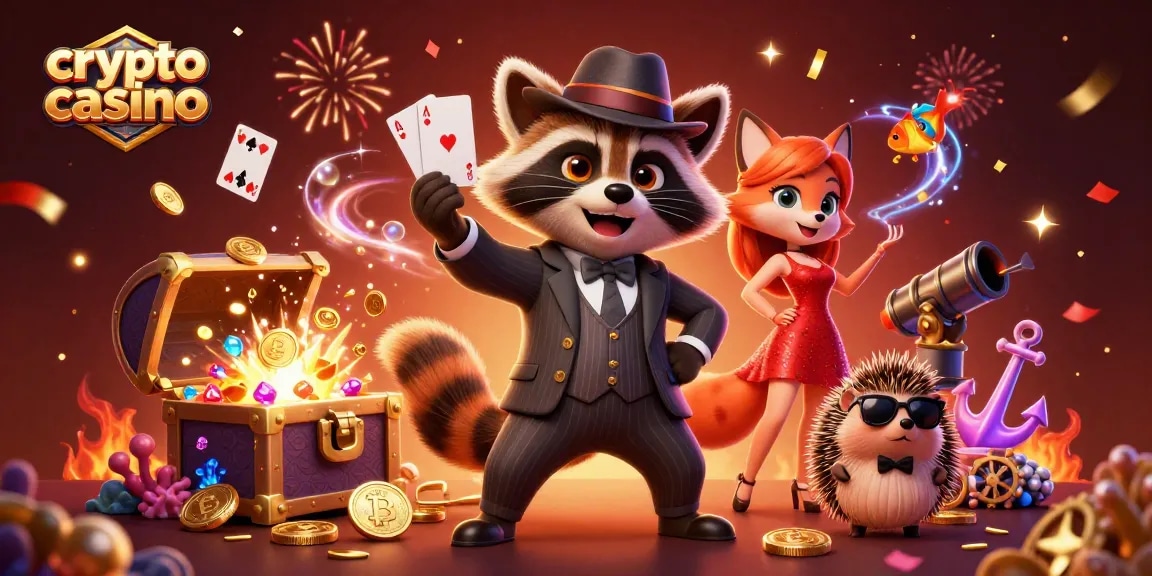 Engaging 3D scene of a suave raccoon and glamorous fox amid crypto casino elements, showcasing dynamic action.