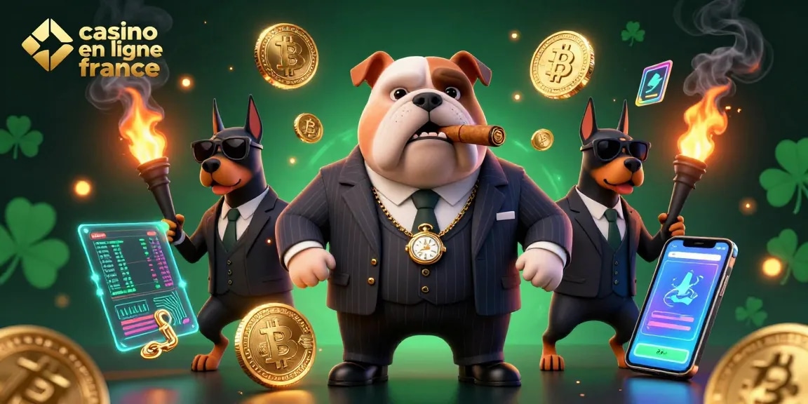 Jouez sur casino en ligne France avec le bulldog mafieux, entouré d'éléments de crypto et de jeux.