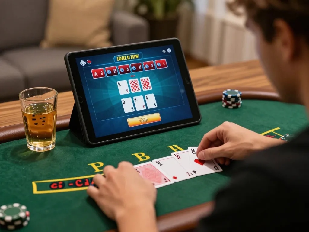 Engaged player enjoying online casinos Canada while analyzing cards in live dealer game