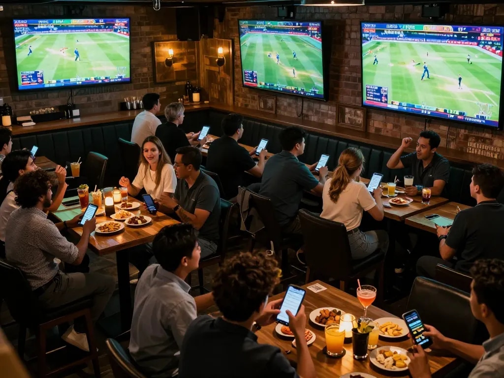 Fans enjoying live cricket on Crickex app while cheering in a vibrant sports bar environment