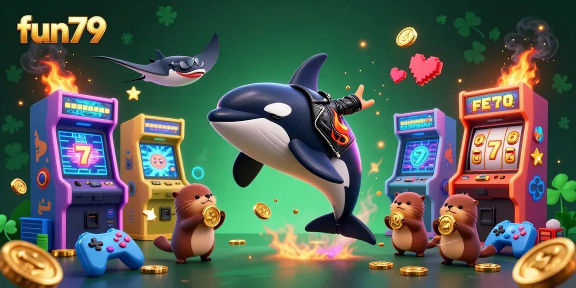 Engage in fun79 with a vibrant scene showcasing exciting gaming elements and animated characters holding treasure.
