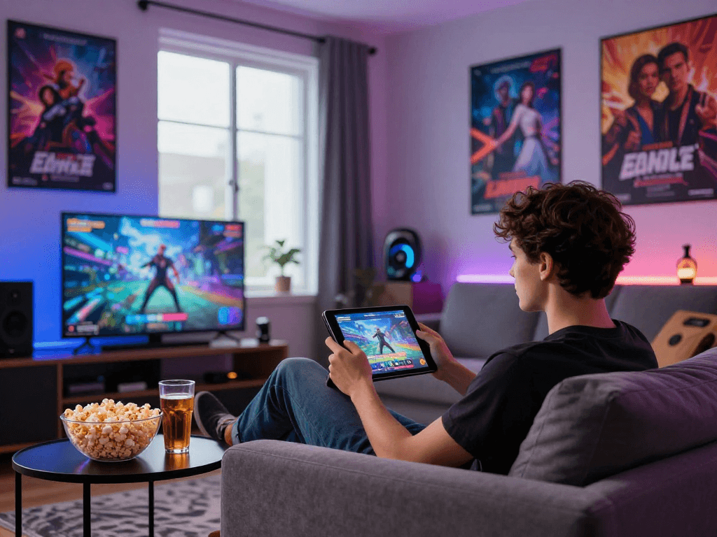 A person engaging with a porngame on a tablet in a stylish living room, complete with gaming decor and cozy ambiance.